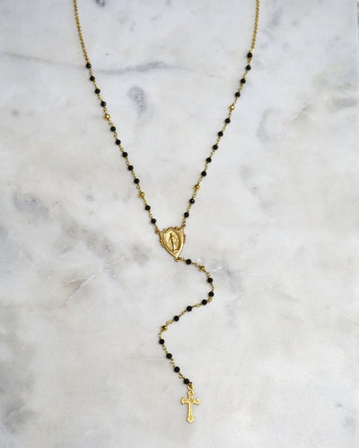 Black & Gold Rosary Jesus Piece - Boho Brooklyn Jewelry