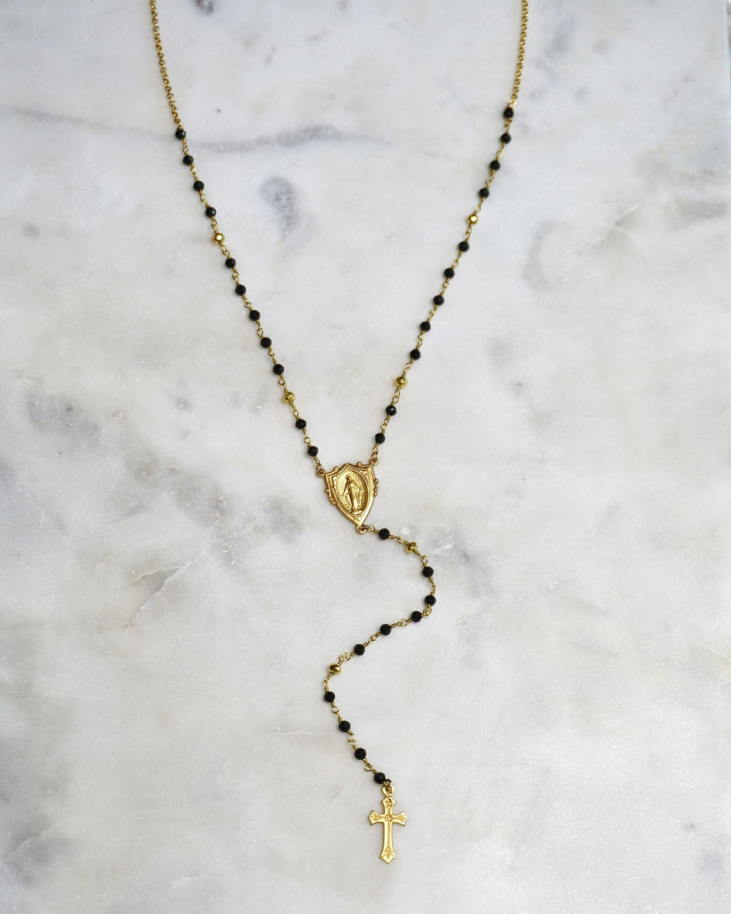 Black & Gold Rosary Jesus Piece - Boho Brooklyn Jewelry