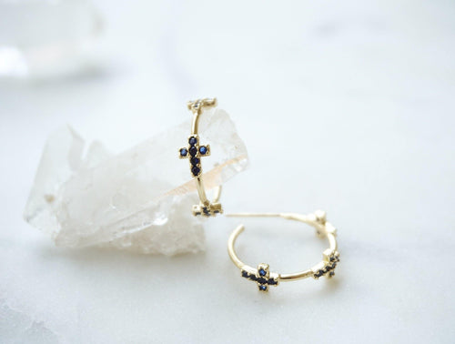 Moody Blue Crystal Cross Hoops - Boho Brooklyn Jewelry